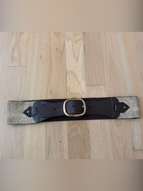 Linea Pelle Brown Leather and Gold Woven Stretch Belt with Gold Buckle